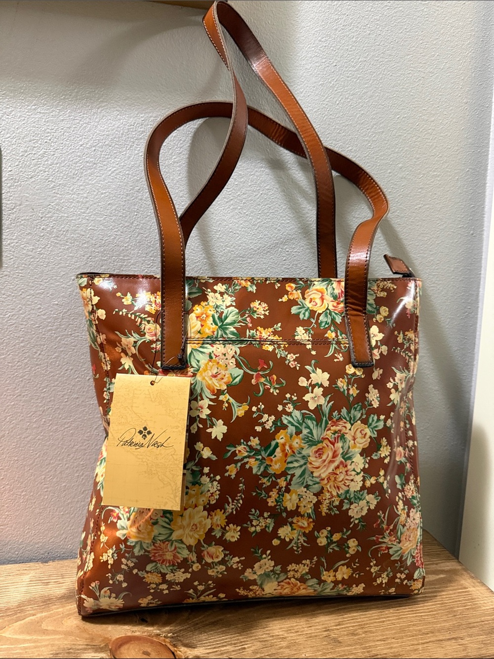 Patricia Nash Brown Floral Leather Tote with Yellow and Green Accents